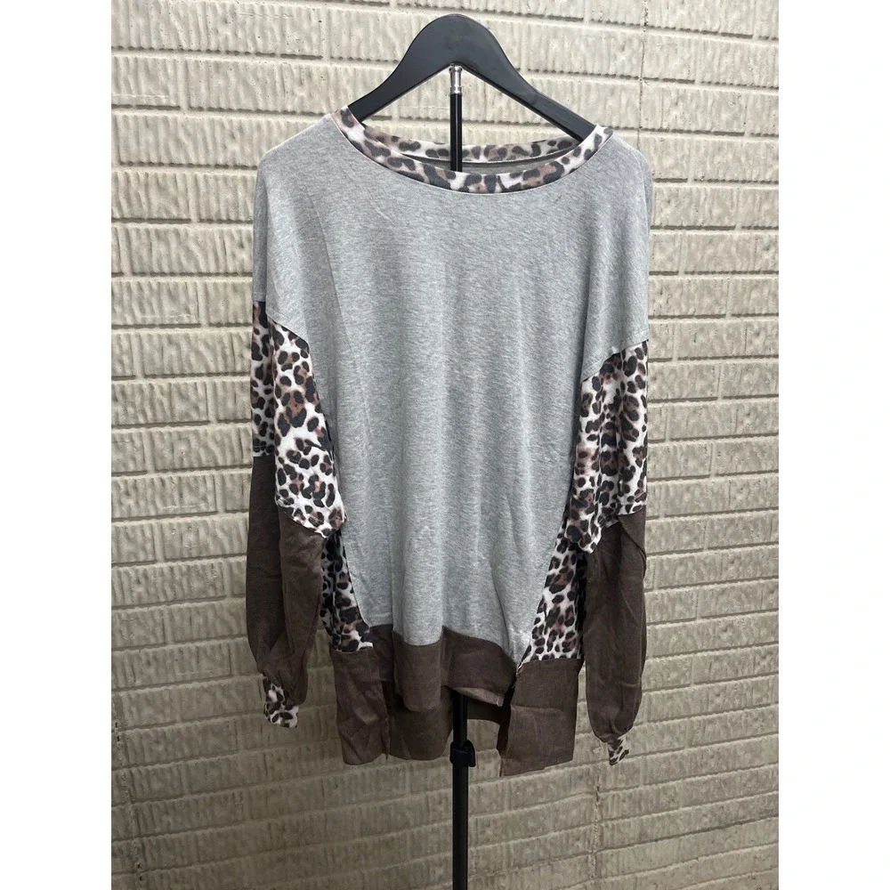 Womens Leopard‎ Print Color Block Long Sleeve Top Gray Brown Size M